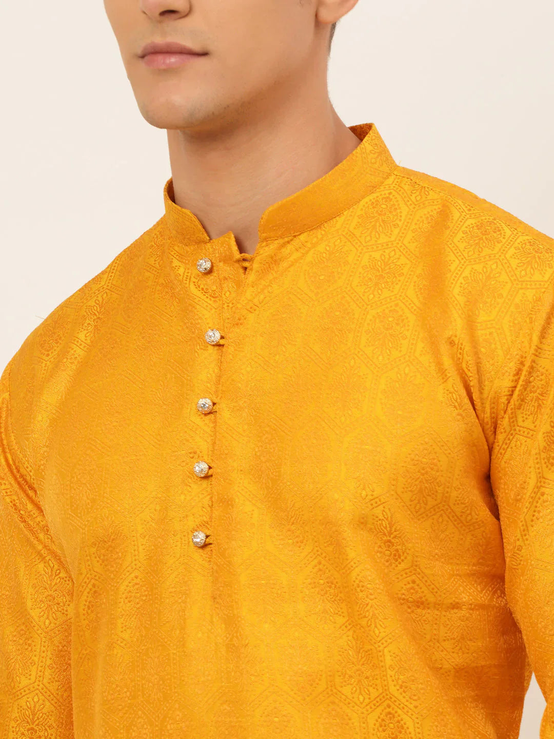 Jompers Men's Mustard and Golden Woven Design Kurta Pajama - Distacart
