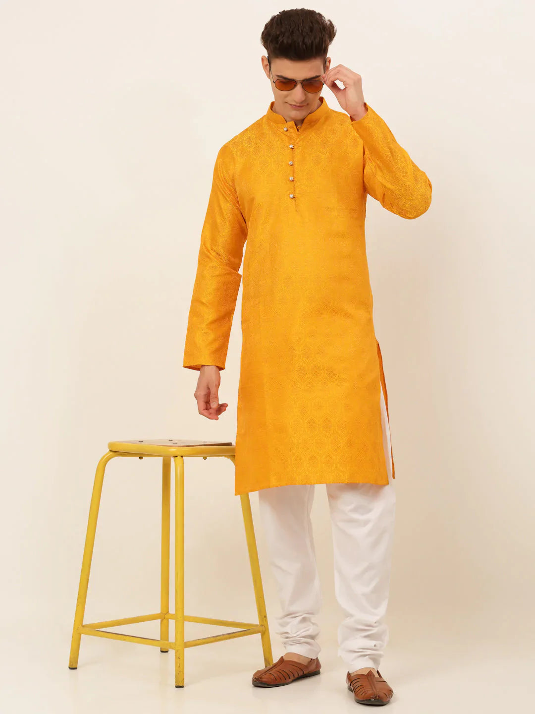 Jompers Men's Mustard and Golden Woven Design Kurta Pajama - Distacart