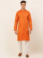Thumbnail for Jompers Men's Orange and Golden Woven Design Kurta Pajama - Distacart