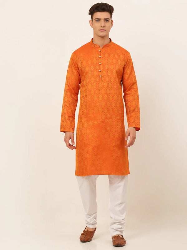 Jompers Men's Orange and Golden Woven Design Kurta Pajama - Distacart
