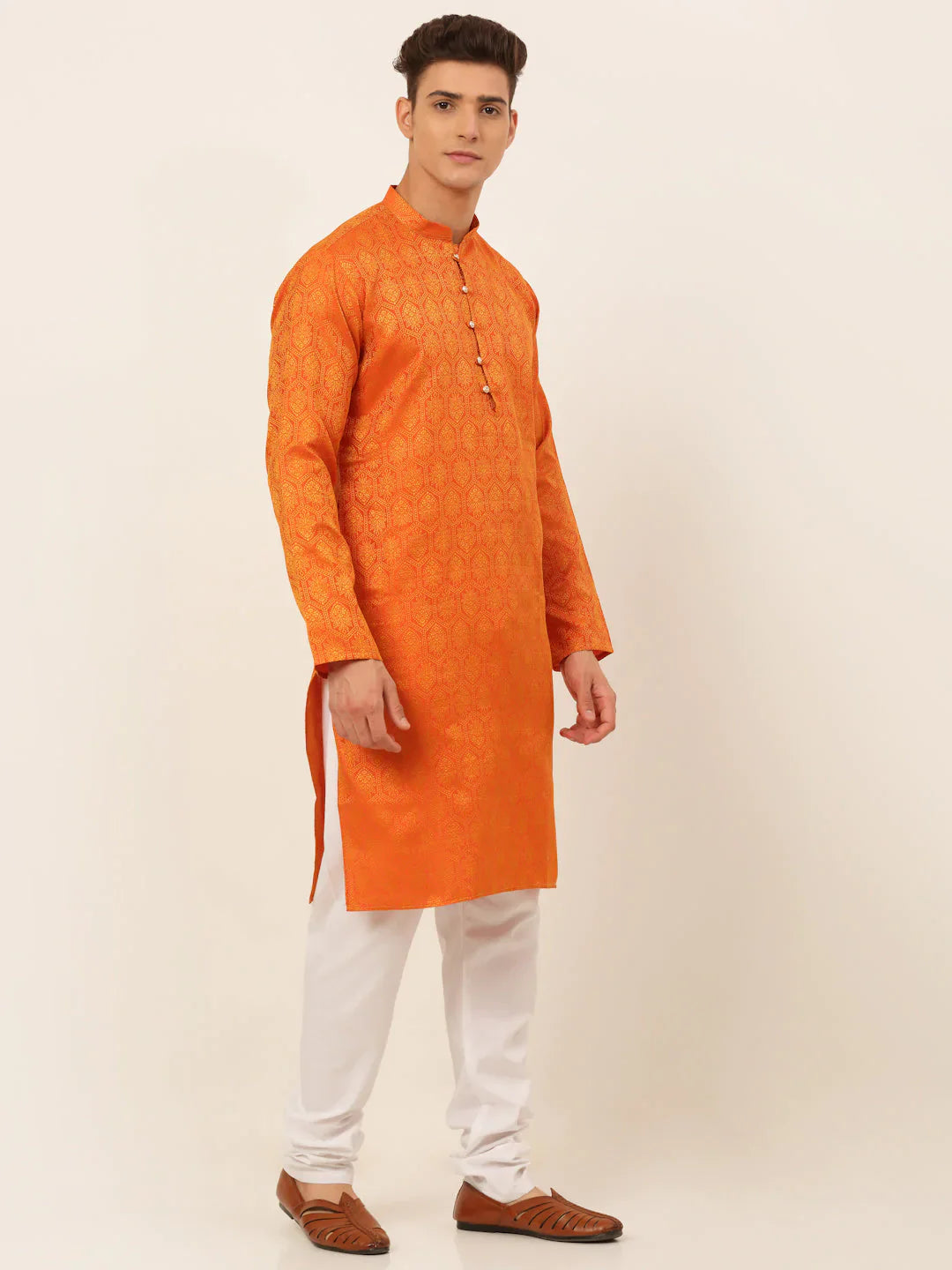 Jompers Men's Orange and Golden Woven Design Kurta Pajama - Distacart