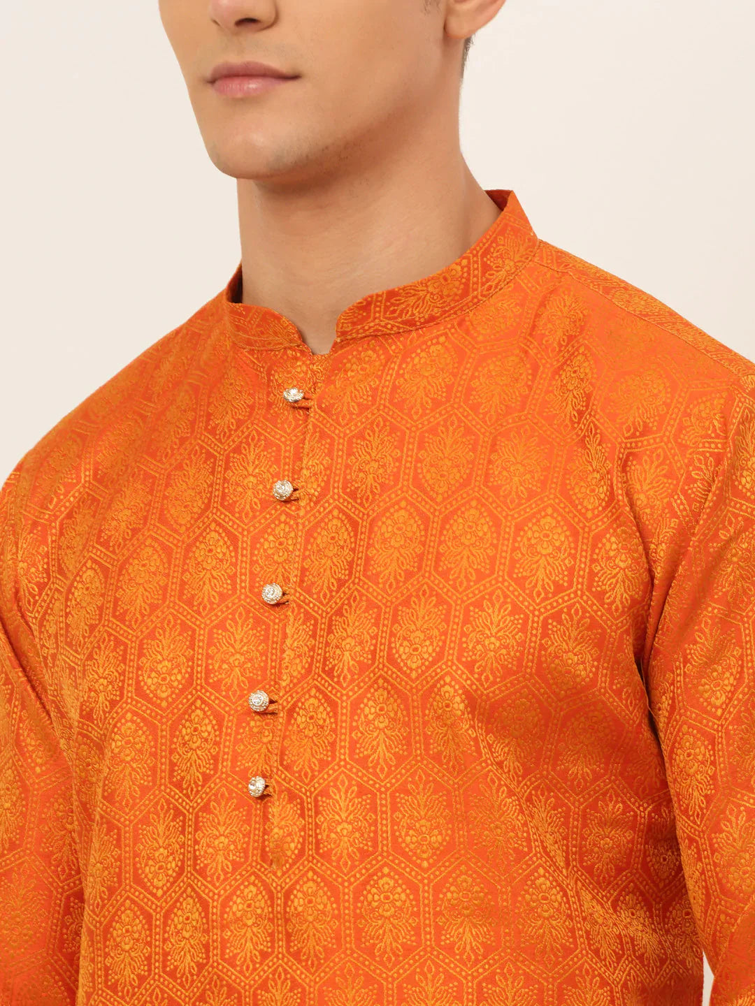 Jompers Men's Orange and Golden Woven Design Kurta Pajama - Distacart