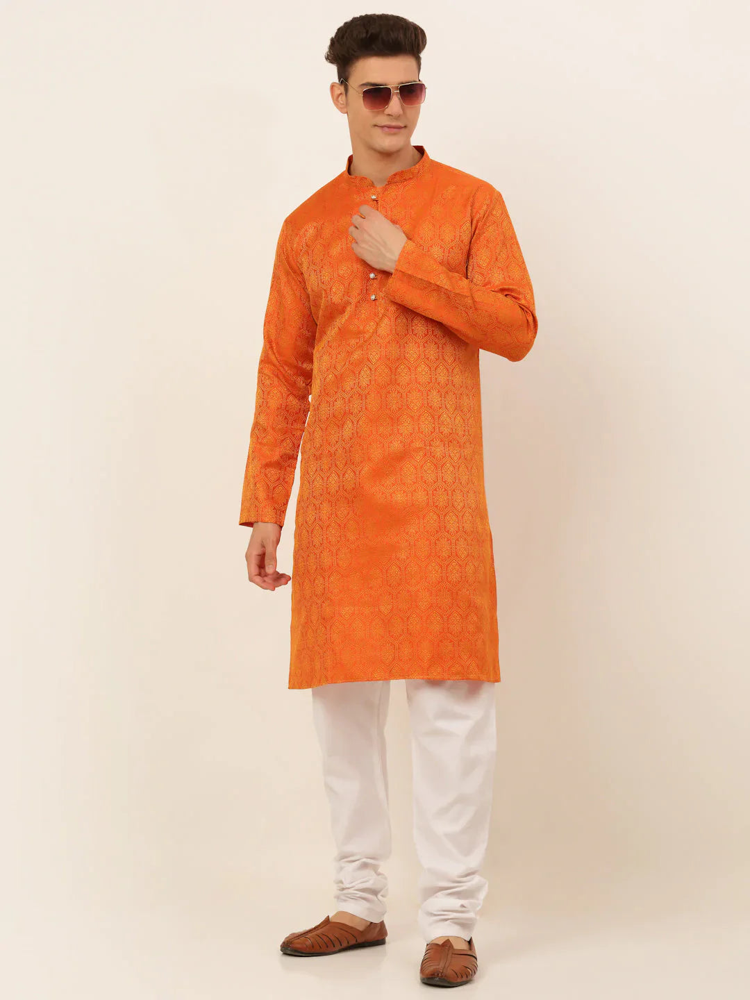 Jompers Men's Orange and Golden Woven Design Kurta Pajama - Distacart