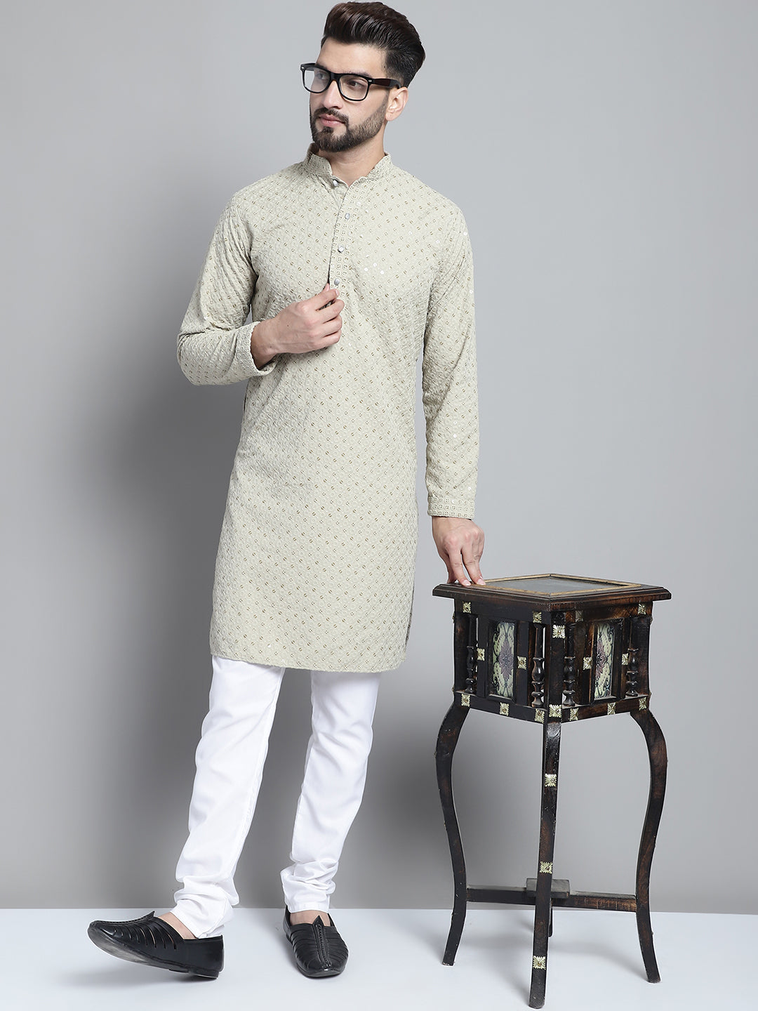 Jompers Men's Beige Chikankari Embroidered and Sequence Kurta with Churidar - Distacart