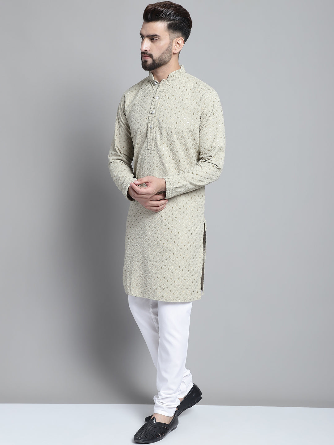 Jompers Men's Beige Chikankari Embroidered and Sequence Kurta with Churidar - Distacart