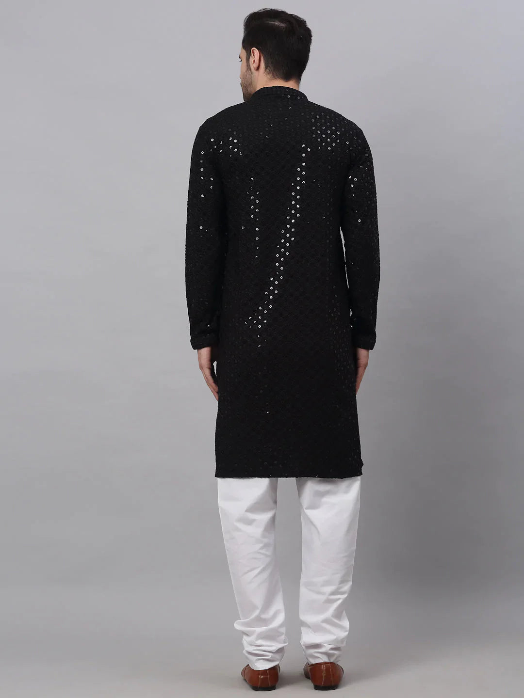 Jompers Men's Black Chikankari Embroidered and Sequence Kurta with Churidar - Distacart