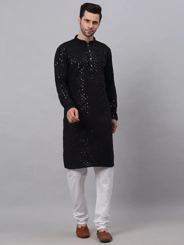 Jompers Men's Black Chikankari Embroidered and Sequence Kurta with Churidar - Distacart