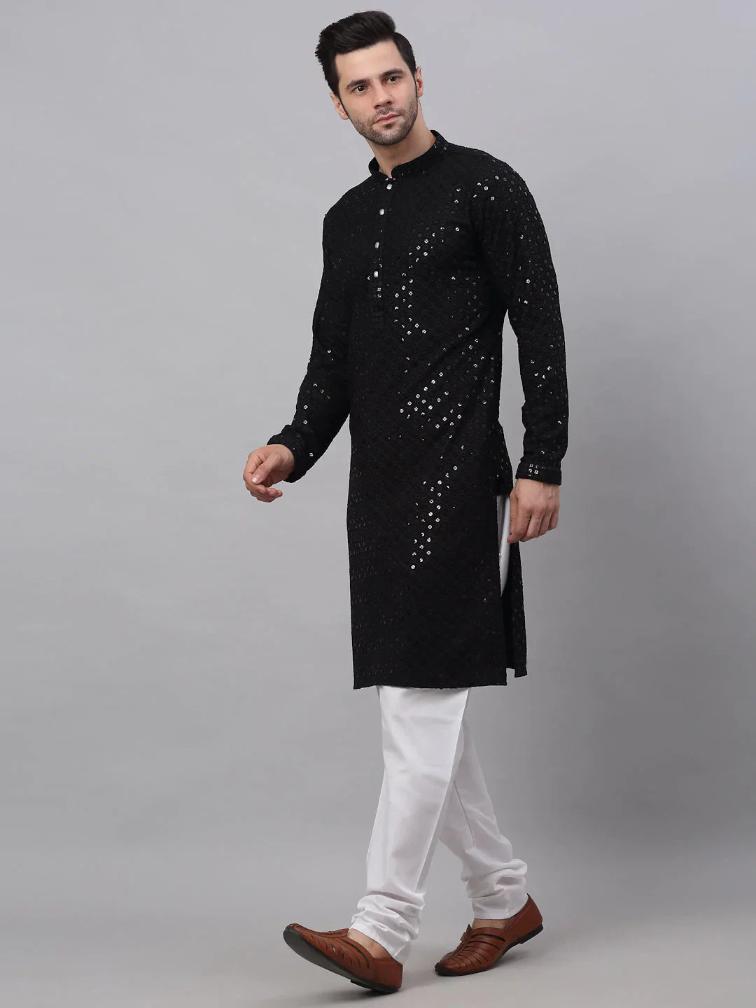Jompers Men's Black Chikankari Embroidered and Sequence Kurta with Churidar - Distacart