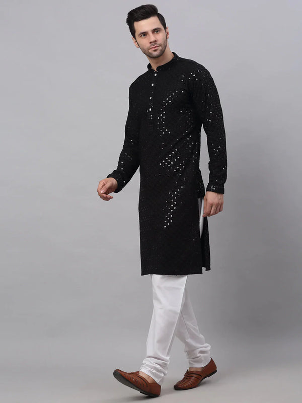 Jompers Men's Black Chikankari Embroidered and Sequence Kurta with Churidar - Distacart