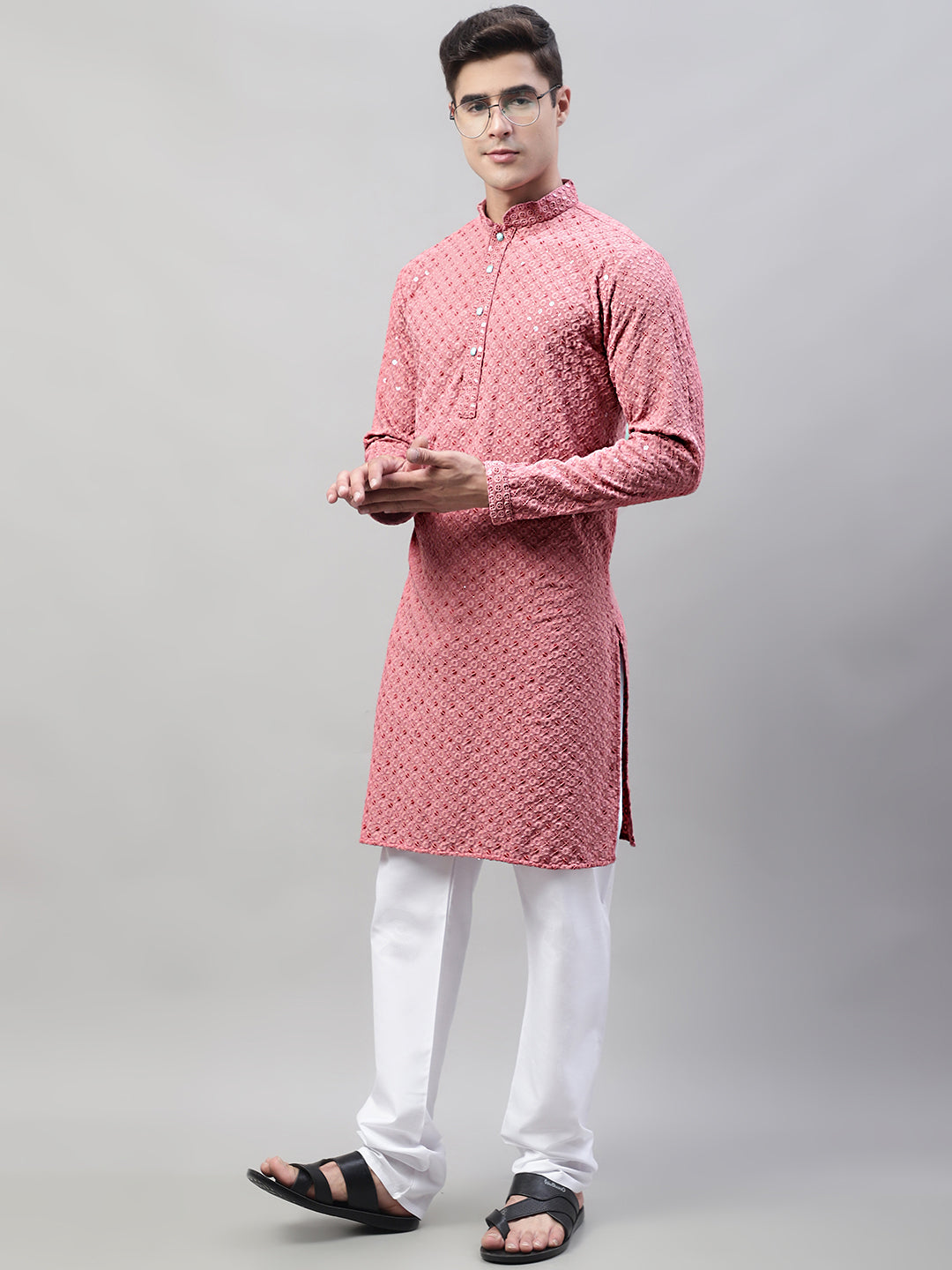 Jompers Men's Coral Red Chikankari Embroidered and Sequence Kurta with Churidar - Distacart