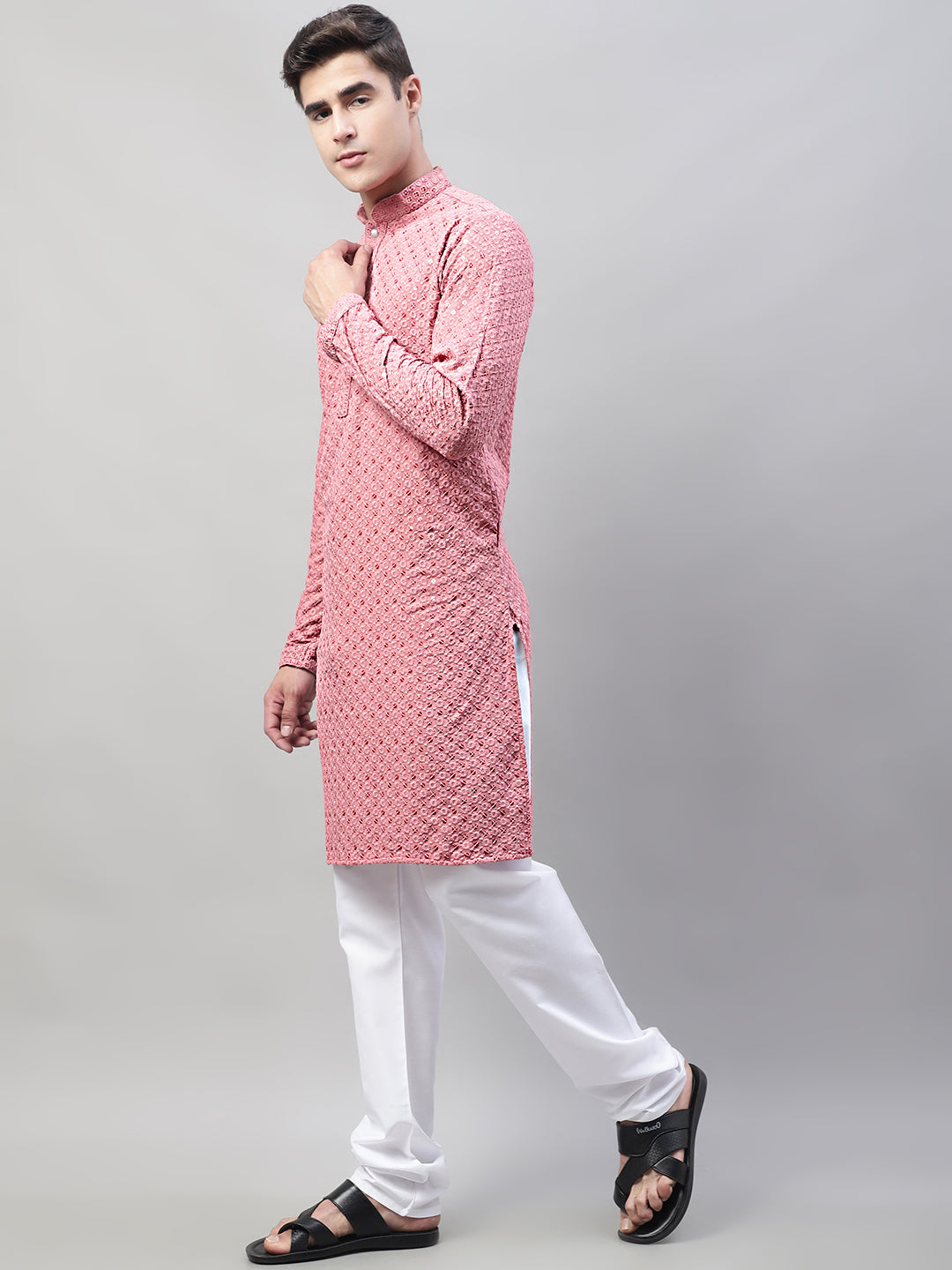 Jompers Men's Coral Red Chikankari Embroidered and Sequence Kurta with Churidar - Distacart