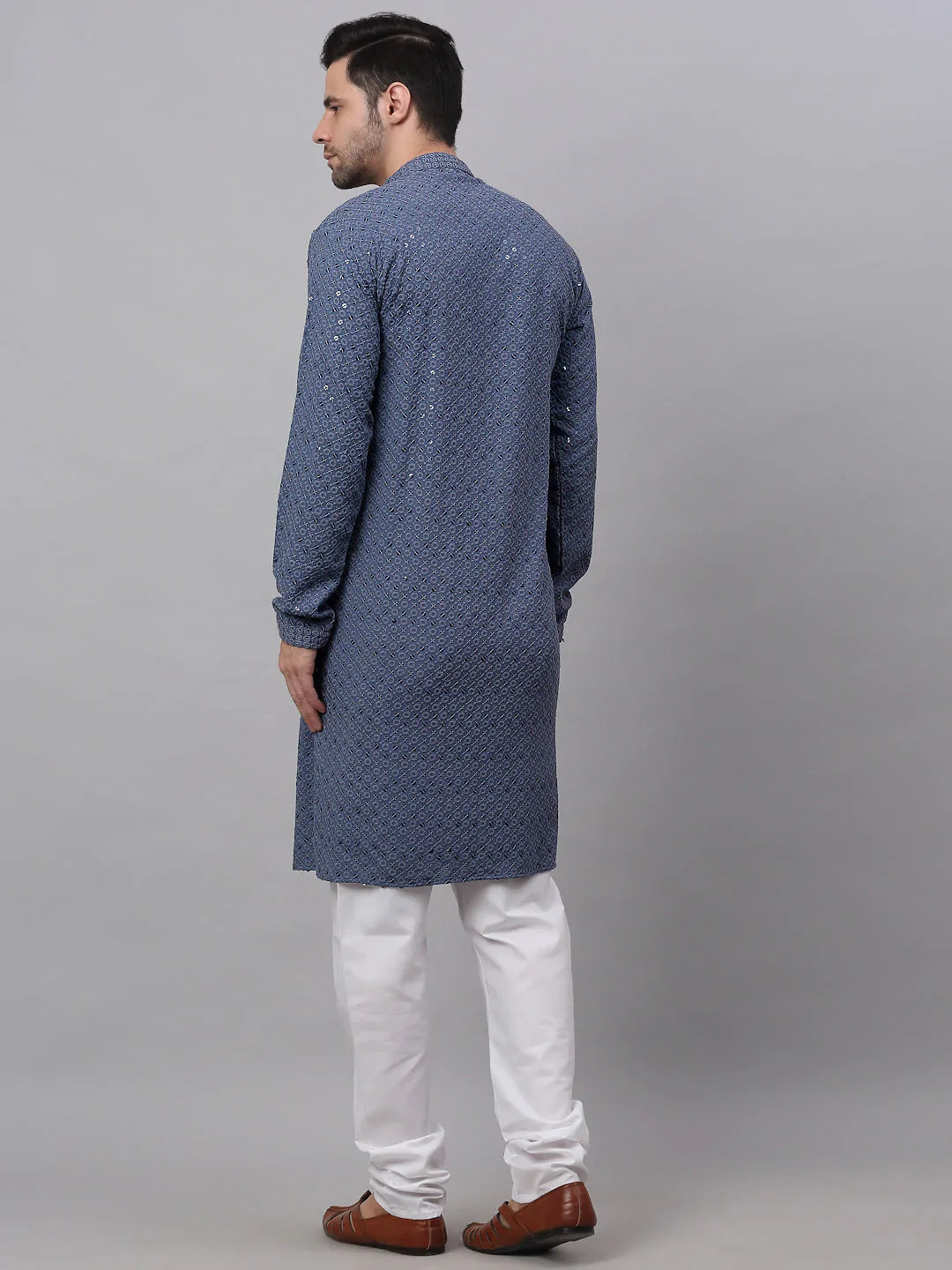Jompers Men's Grey Chikankari Embroidered and Sequence Kurta with Churidar - Distacart