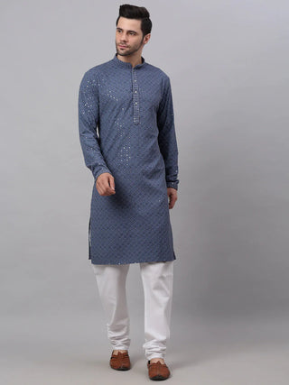 Jompers Men's Grey Chikankari Embroidered and Sequence Kurta with Churidar - Distacart