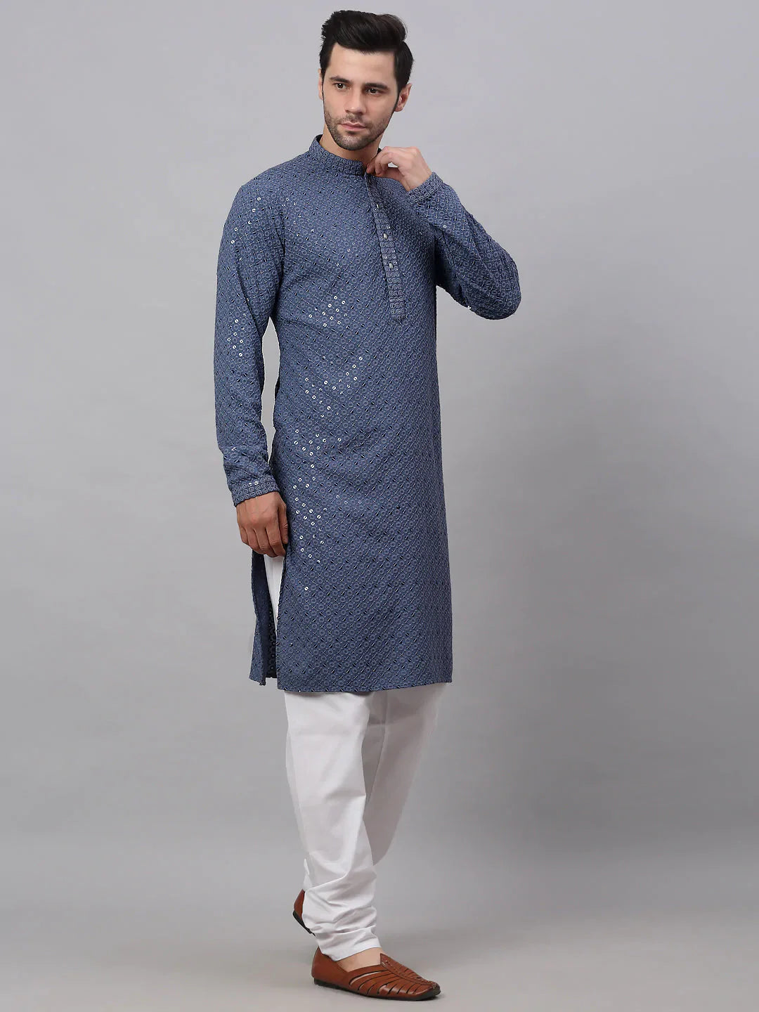 Jompers Men's Grey Chikankari Embroidered and Sequence Kurta with Churidar - Distacart
