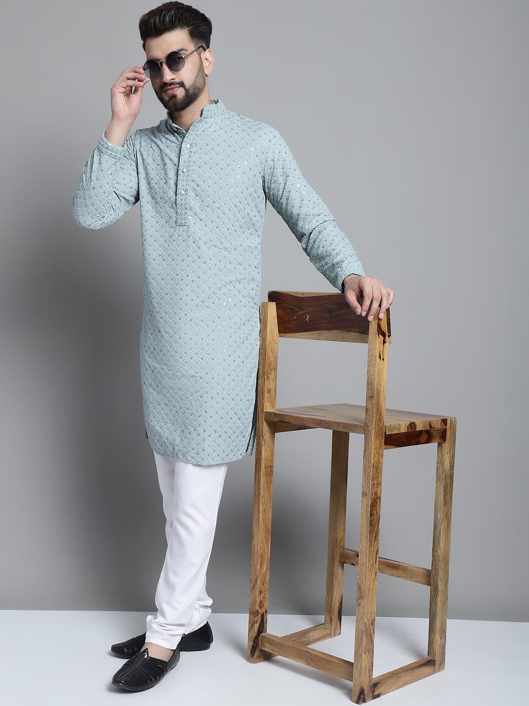 Jompers Men's Blue Chikankari Embroidered and Sequence Kurta with Churidar - Distacart