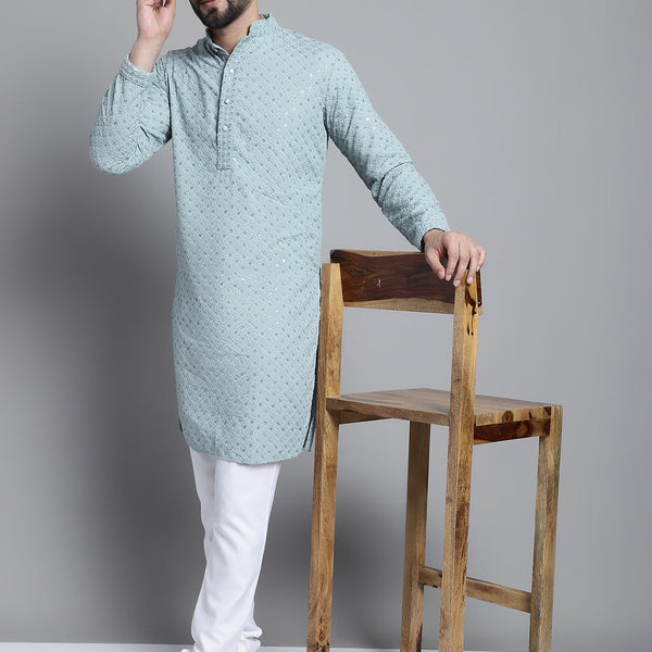 Jompers Men's Blue Chikankari Embroidered and Sequence Kurta with Churidar - Distacart