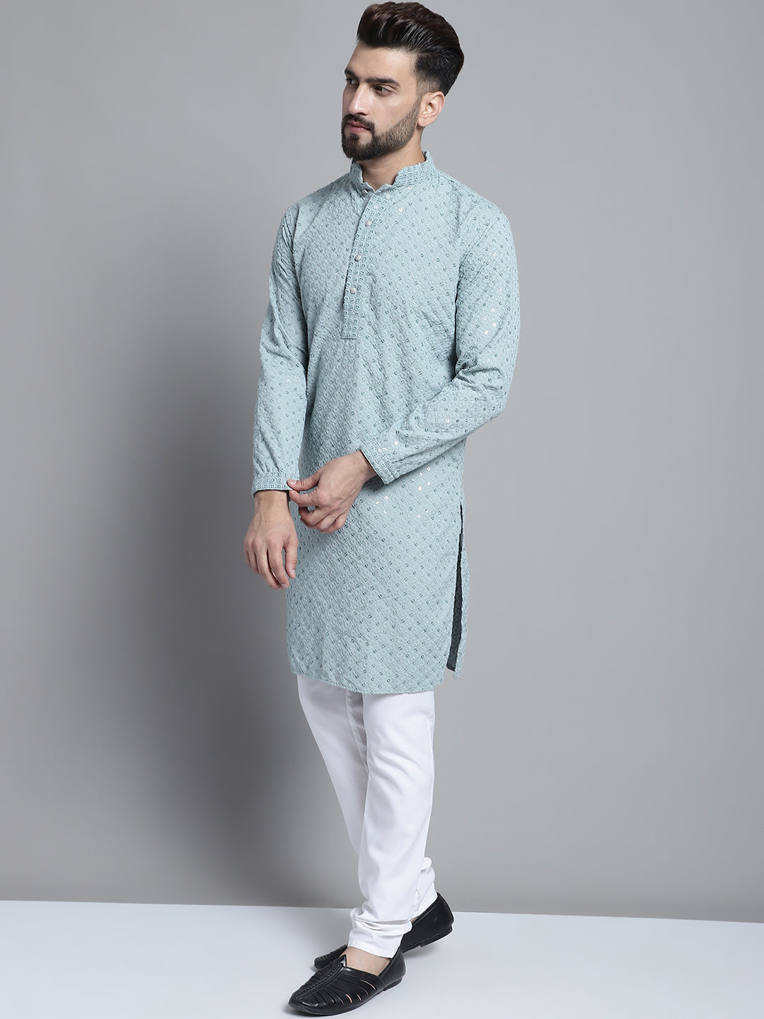 Jompers Men's Blue Chikankari Embroidered and Sequence Kurta with Churidar - Distacart