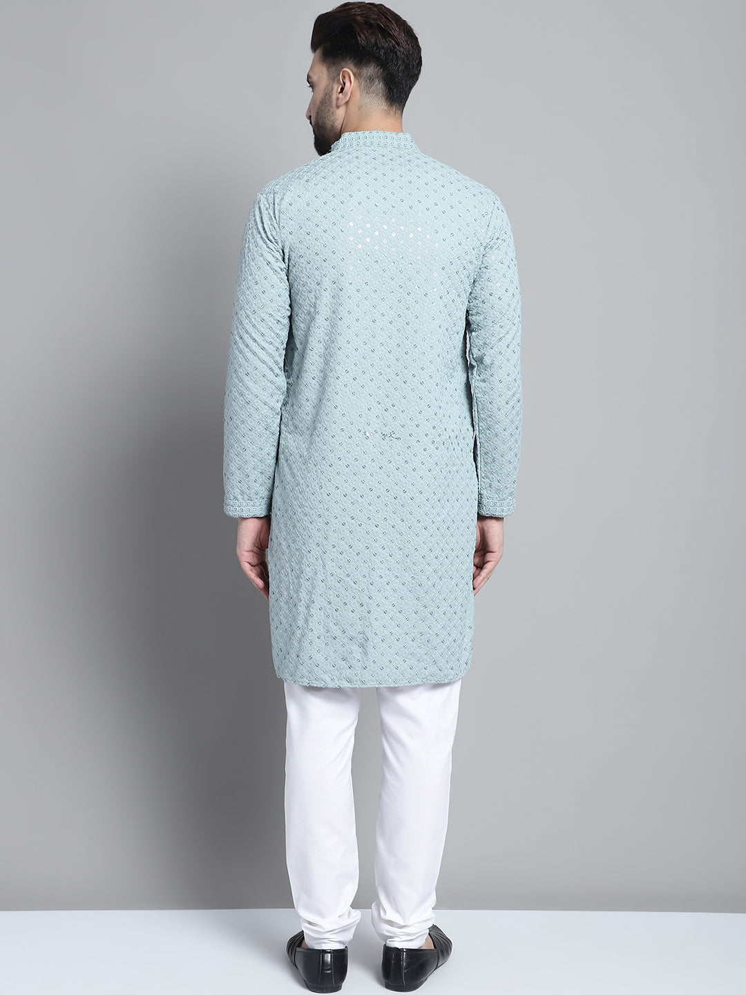Jompers Men's Blue Chikankari Embroidered and Sequence Kurta with Churidar - Distacart