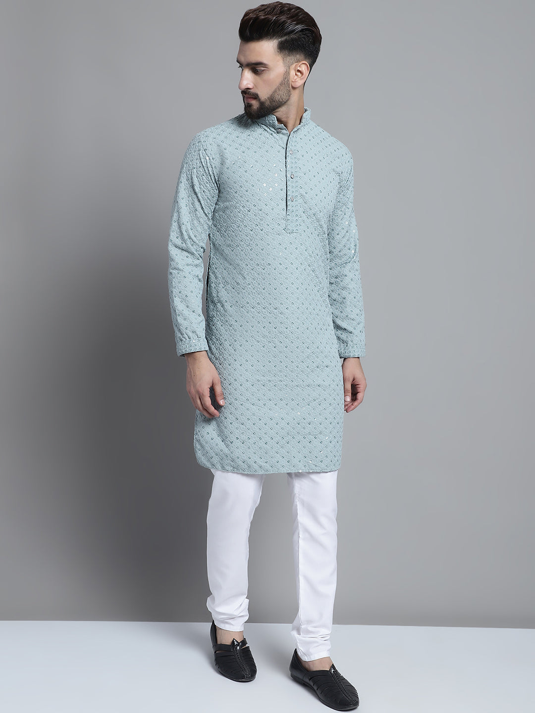 Jompers Men's Blue Chikankari Embroidered and Sequence Kurta with Churidar - Distacart
