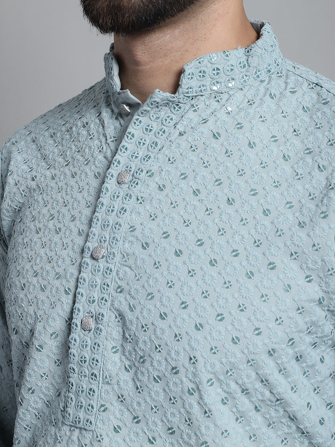 Jompers Men's Blue Chikankari Embroidered and Sequence Kurta with Churidar - Distacart