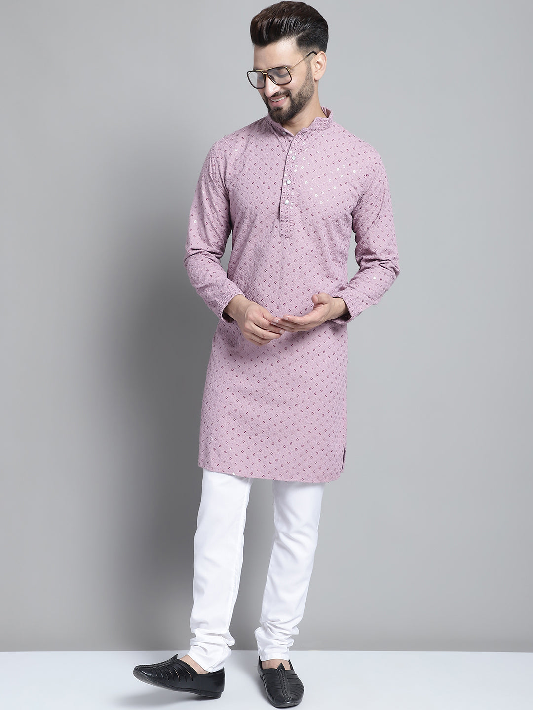 Jompers Men's Purple Chikankari Embroidered and Sequence Kurta with Churidar - Distacart