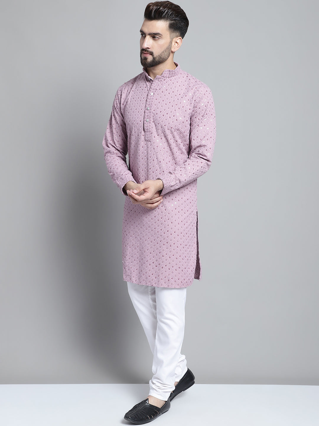 Jompers Men's Purple Chikankari Embroidered and Sequence Kurta with Churidar - Distacart