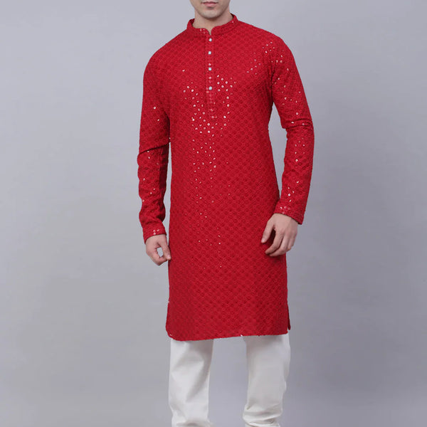 Jompers Men's Maroon Chikankari Embroidered and Sequence Kurta with Churidar - Distacart
