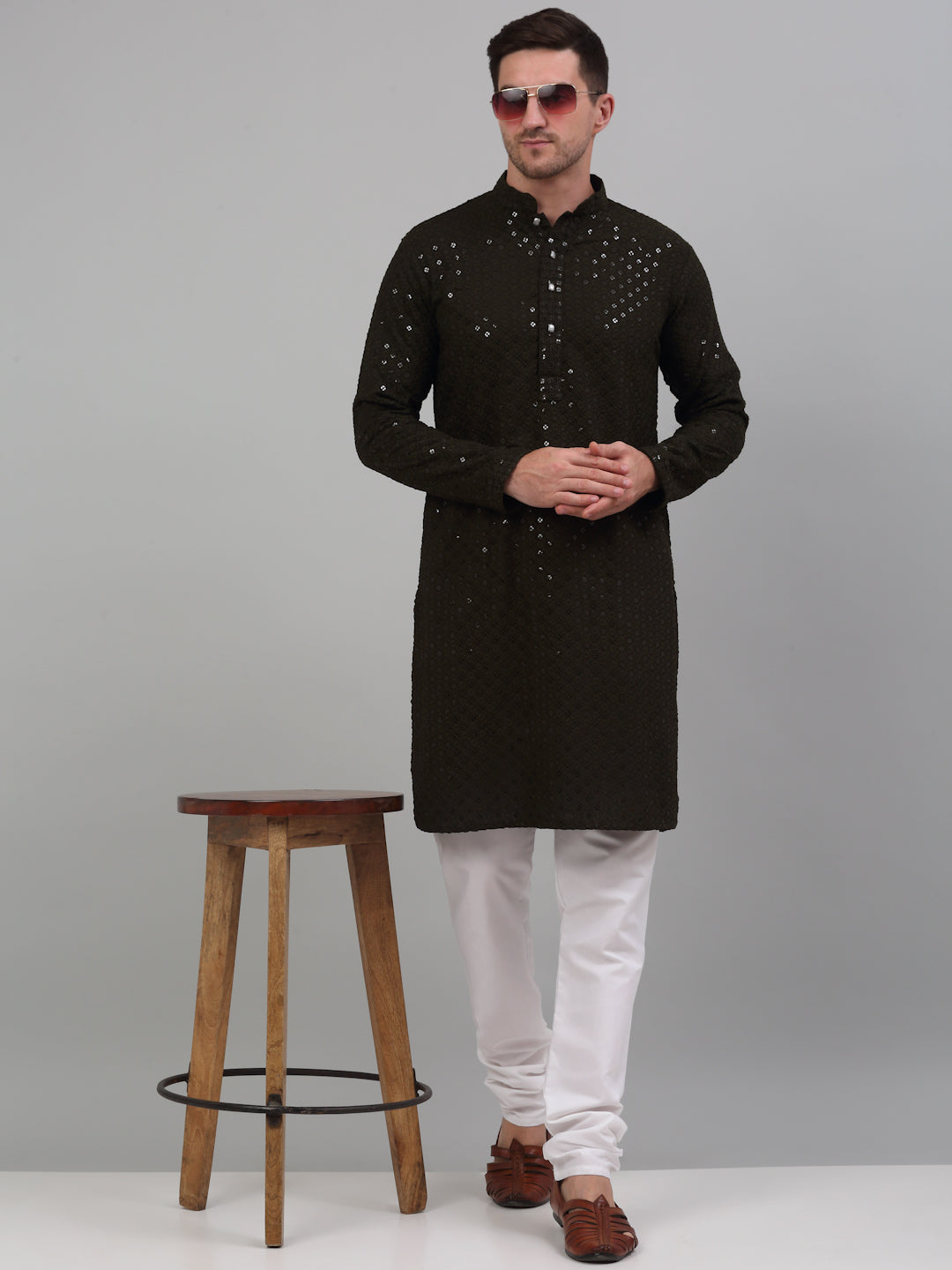 Jompers Men's Mehndi Green Chikankari Embroidered and Sequence Kurta with Churidar - Distacart