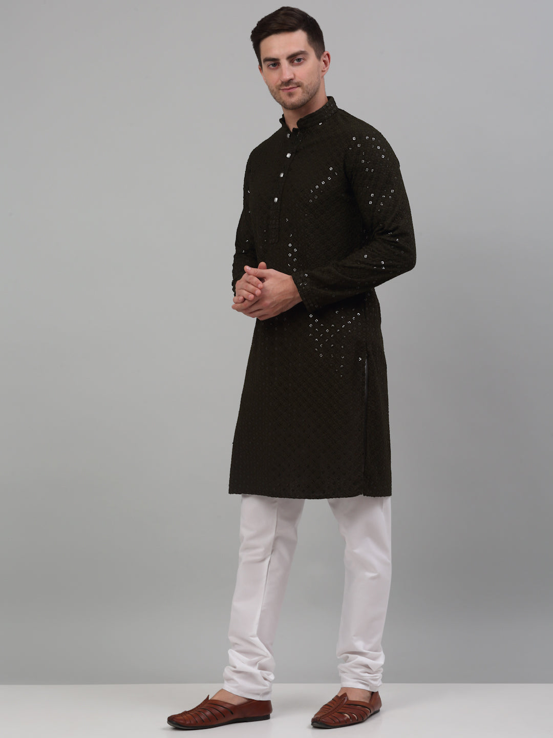 Jompers Men's Mehndi Green Chikankari Embroidered and Sequence Kurta with Churidar - Distacart
