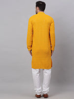 Thumbnail for Jompers Men's Mustard Chikankari Embroidered and Sequence Kurta with Churidar - Distacart