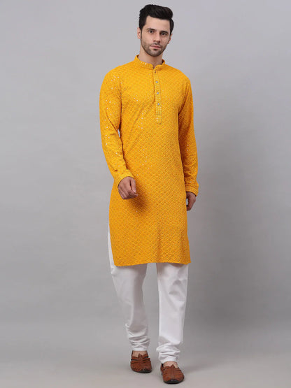 Jompers Men's Mustard Chikankari Embroidered and Sequence Kurta with Churidar - Distacart
