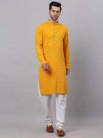 Thumbnail for Jompers Men's Mustard Chikankari Embroidered and Sequence Kurta with Churidar - Distacart