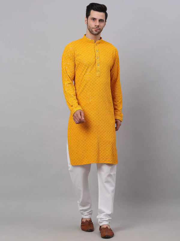 Jompers Men's Mustard Chikankari Embroidered and Sequence Kurta with Churidar - Distacart