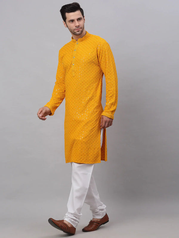 Jompers Men's Mustard Chikankari Embroidered and Sequence Kurta with Churidar - Distacart
