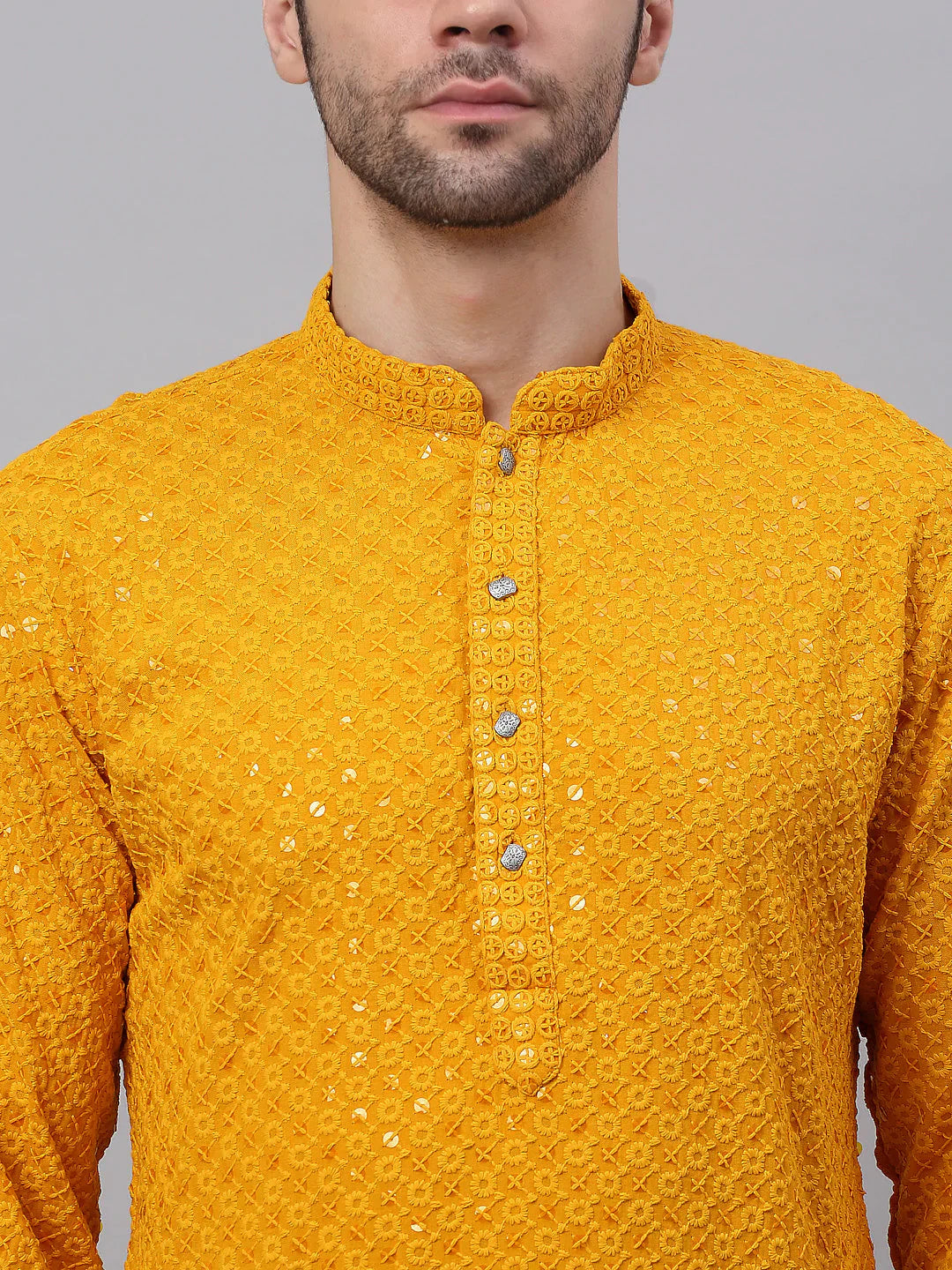 Jompers Men's Mustard Chikankari Embroidered and Sequence Kurta with Churidar - Distacart
