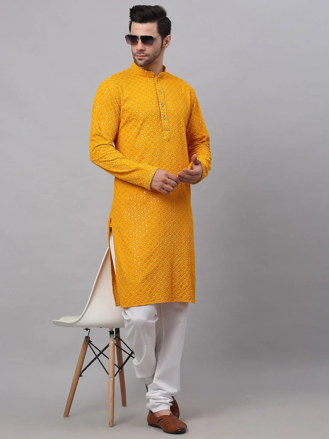 Jompers Men's Mustard Chikankari Embroidered and Sequence Kurta with Churidar - Distacart