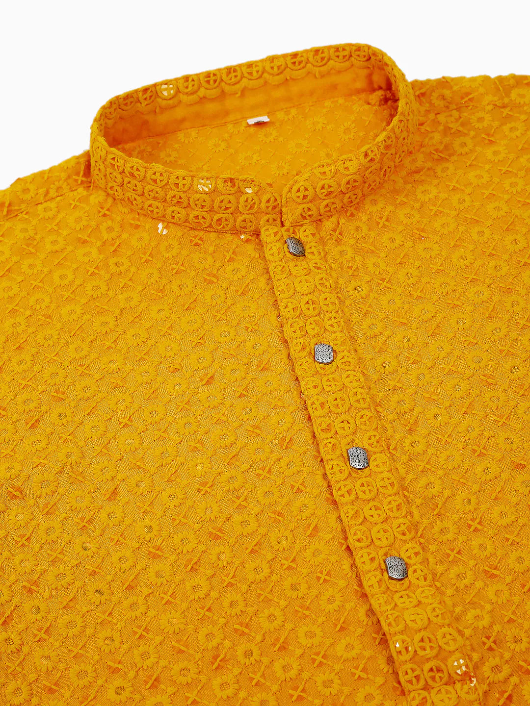 Jompers Men's Mustard Chikankari Embroidered and Sequence Kurta with Churidar - Distacart