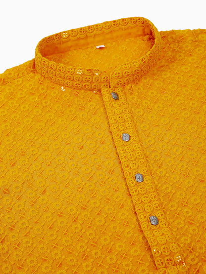Jompers Men's Mustard Chikankari Embroidered and Sequence Kurta with Churidar - Distacart