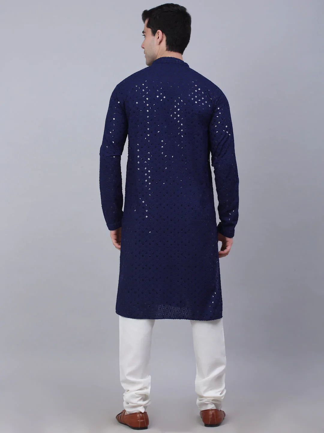 Jompers Men's Navy Blue Chikankari Embroidered and Sequence Kurta with Churidar - Distacart