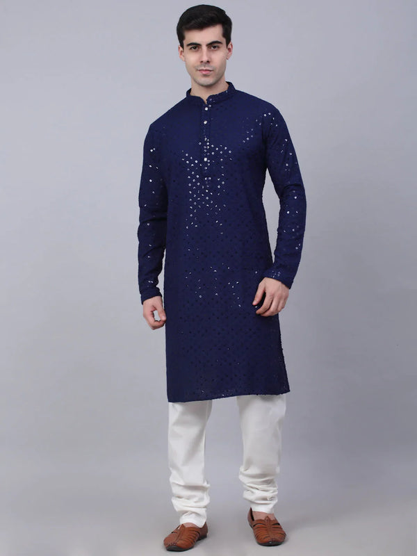 Jompers Men's Navy Blue Chikankari Embroidered and Sequence Kurta with Churidar - Distacart