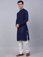 Thumbnail for Jompers Men's Navy Blue Chikankari Embroidered and Sequence Kurta with Churidar - Distacart