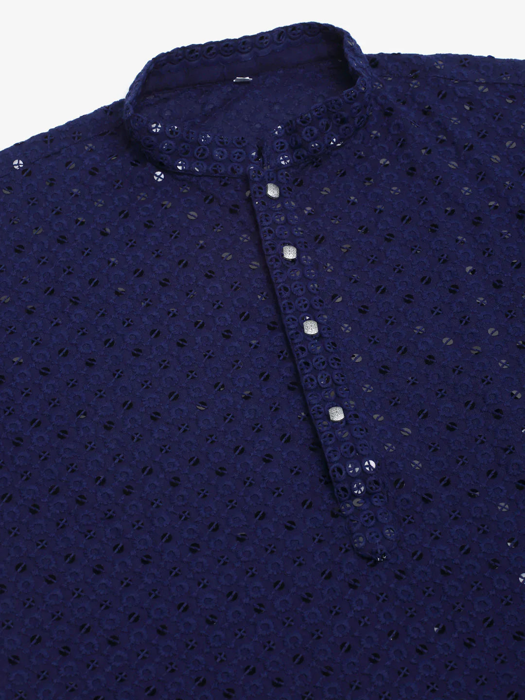 Jompers Men's Navy Blue Chikankari Embroidered and Sequence Kurta with Churidar - Distacart