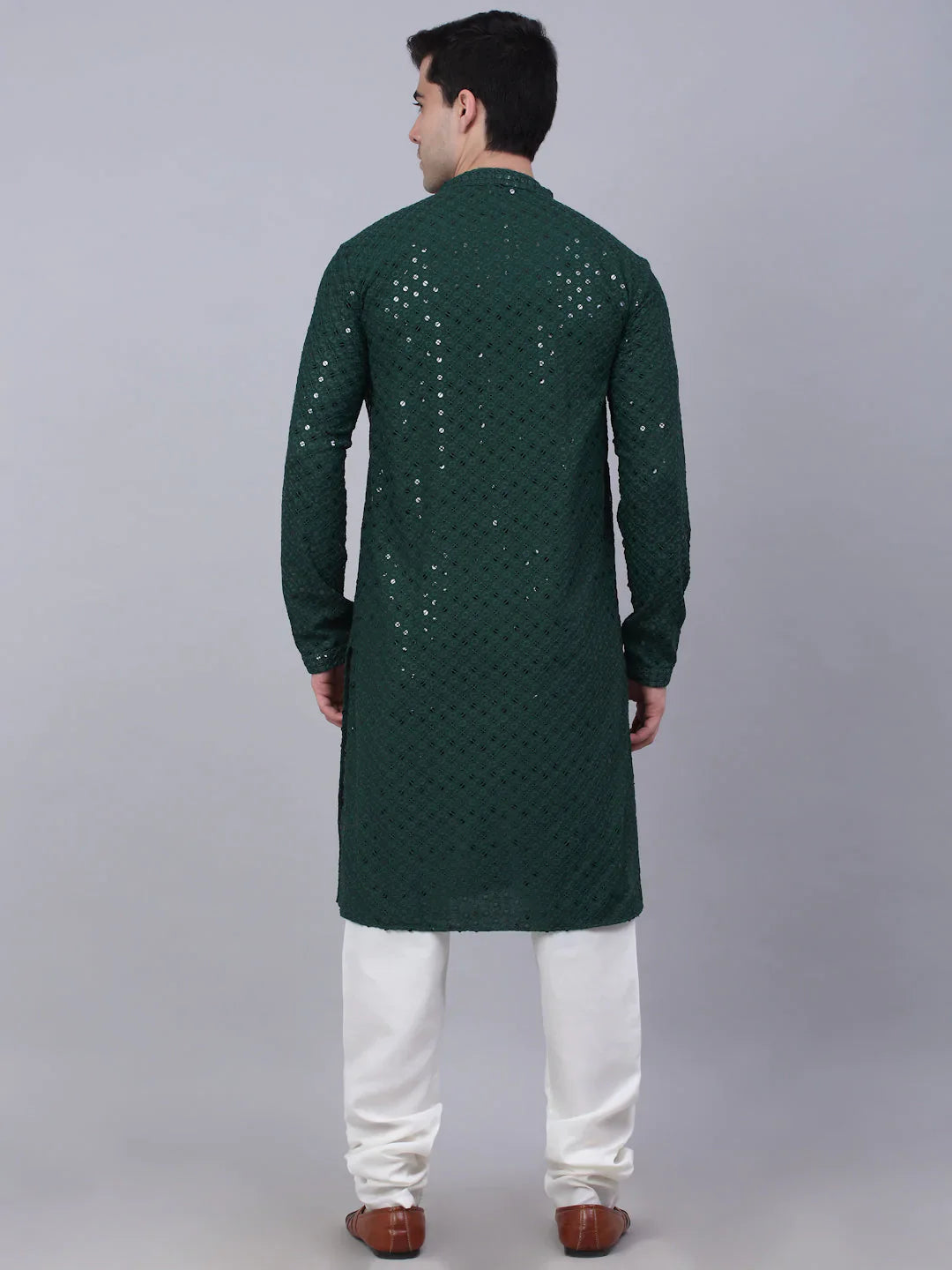 Jompers Men's Olive Green Chikankari Embroidered and Sequence Kurta with Churidar - Distacart