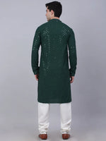 Thumbnail for Jompers Men's Olive Green Chikankari Embroidered and Sequence Kurta with Churidar - Distacart