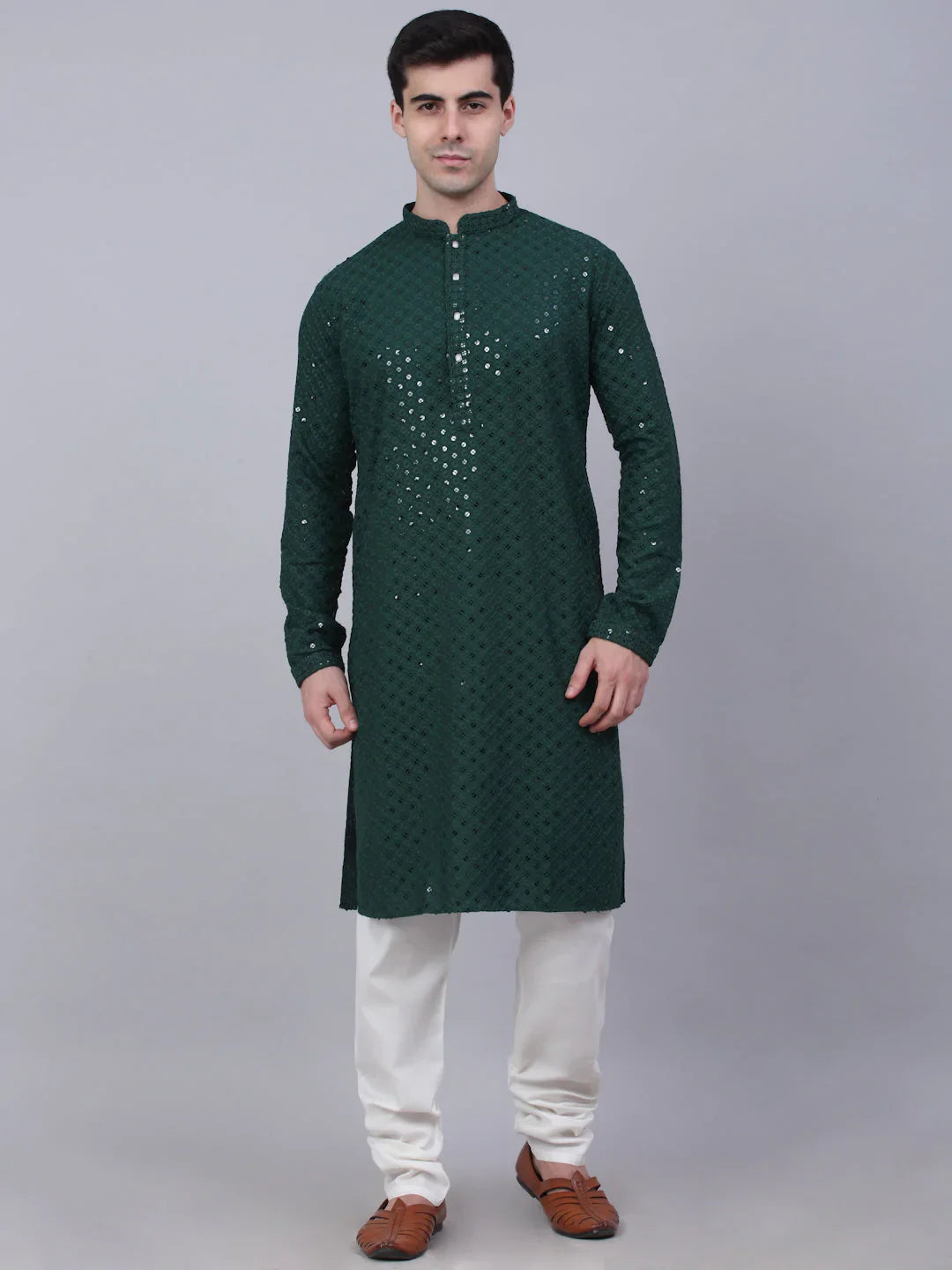 Jompers Men's Olive Green Chikankari Embroidered and Sequence Kurta with Churidar - Distacart