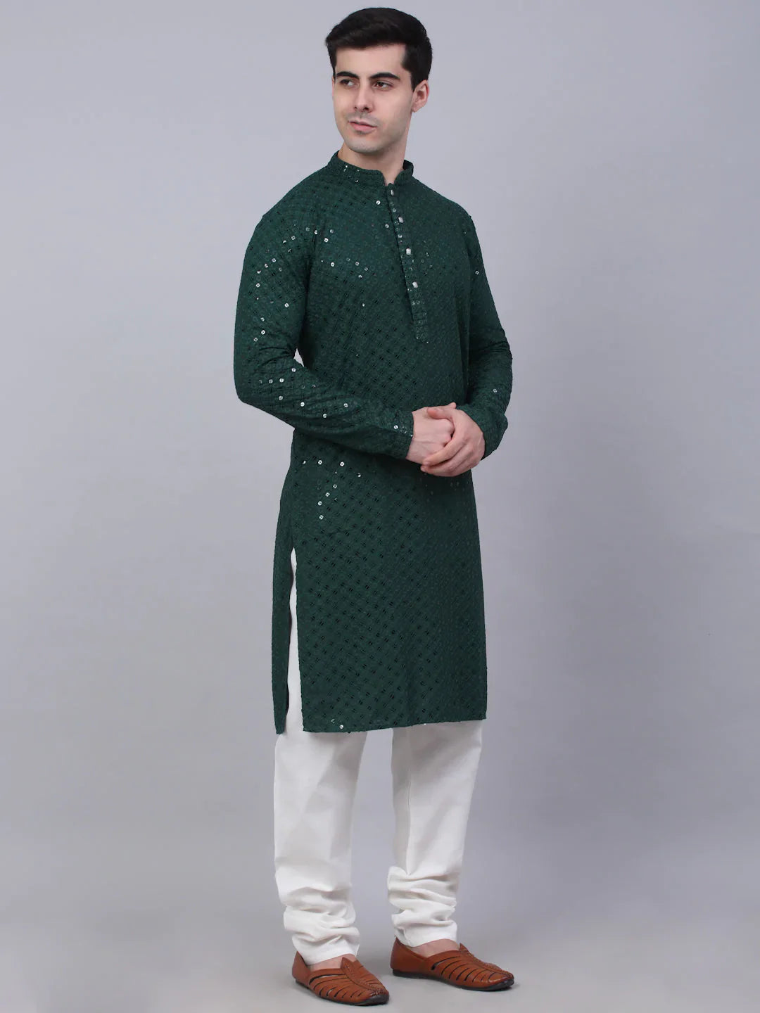 Jompers Men's Olive Green Chikankari Embroidered and Sequence Kurta with Churidar - Distacart