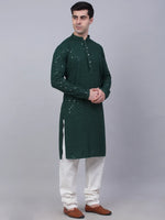 Thumbnail for Jompers Men's Olive Green Chikankari Embroidered and Sequence Kurta with Churidar - Distacart