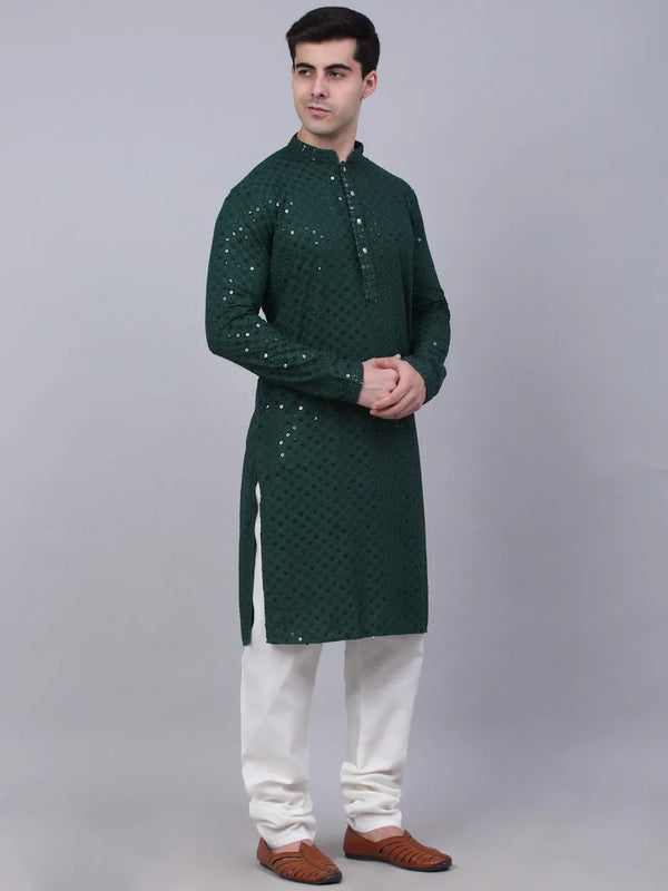 Jompers Men's Olive Green Chikankari Embroidered and Sequence Kurta with Churidar - Distacart