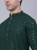 Thumbnail for Jompers Men's Olive Green Chikankari Embroidered and Sequence Kurta with Churidar - Distacart
