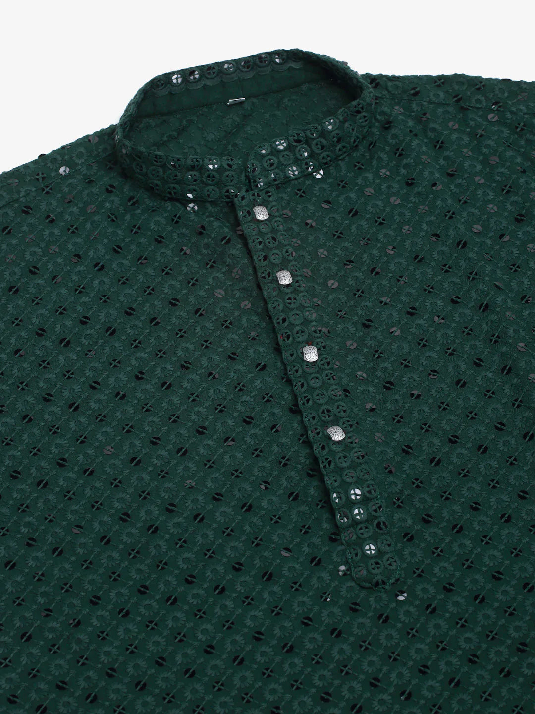 Jompers Men's Olive Green Chikankari Embroidered and Sequence Kurta with Churidar - Distacart